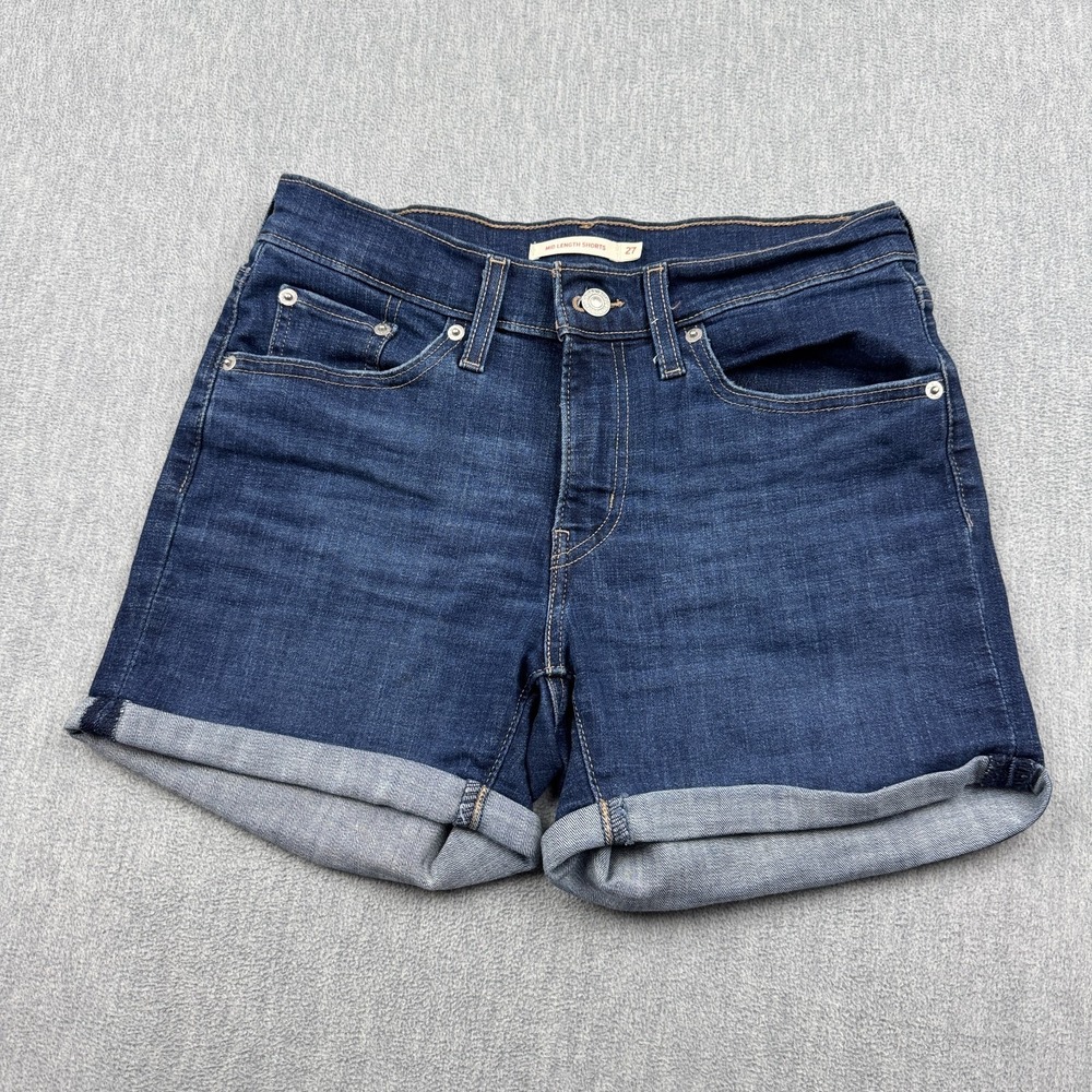 Levis Shorts Womens 27 Blue Mid Length Mid Rise Classic Denim Stretch Button Zip